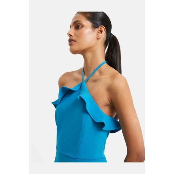 French Connection Whisper Ruth Ruffle Halter Neck Dress Mosaic BLue Women Size 8 - Picture 2 of 13